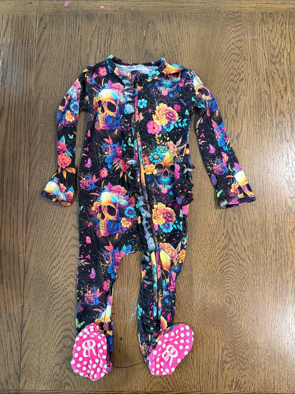 Bums and Roses Bamboo Floral Skull Footed One-Piece Pajamas